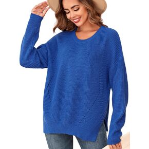 ZAFUL Women's Casual Long Sleeve Crew Neck Side Slit Oversized Ribbed Knit Pullover Sweater Tops