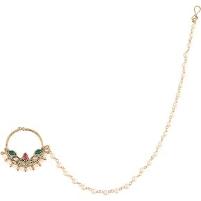 I Jewels 18k Gold Plated Indian Wedding Bollywood Ethnic Bridal Nose Ring/Nath without piercing with Pearl Chain Encased with Pearl Stone for Women/Girls (NL39-47)