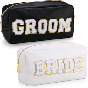 Oudain 2 Pcs Bride and Groom Makeup Bag Letter Patch Cosmetic Travel Toiletry Bag Women PU Leather White Portable Bride Purse Wedding Pouch Bag for Bride Bridal Shower Gift Bachelorette Party Favor