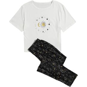 WDIRARA Women's Sleepwear Closed Eyes Print Casual Tee and Pants Pajama Set