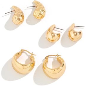 Gold Chunky Hoop Earrings Set for Women Geometric Bean Earrings Large Drop Earrings Gold Plated Waterdrop Earrings for Women