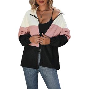 SweatyRocks Women's Color Block Long Sleeve Full Zip Jacket Drop Shoulder Lapel Neck Coat Outerwear with Pockets
