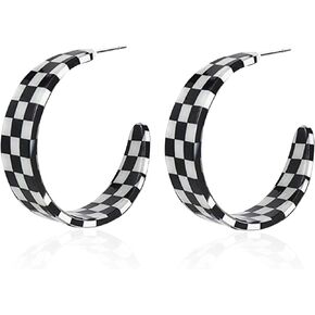 Funky Chunky Checkered Big Grid C Shape Hoop Earrings Red Resin Acrylic Resin Christmas Piercing Buffalo Plaid for Women Girls Y2k Lightweight Xmas Jewelry
