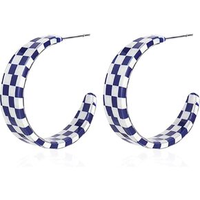 Funky Chunky Checkered Big Grid C Shape Hoop Earrings Red Resin Acrylic Resin Christmas Piercing Buffalo Plaid for Women Girls Y2k Lightweight Xmas Jewelry