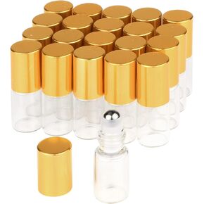 3ml Roller Bottles 20 Pcs Clear Glass Roll on Bottles Refillable Essential Oil Perfume Rollerball Bottles Container vial (gold cap)