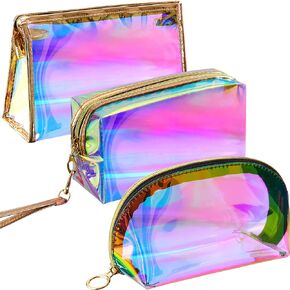 Weewooday 3 Pieces Holographic Makeup Bag Cosmetic Travel Bag Portable Waterproof Toiletries Bag Iridescent Cosmetic Pouch Makeup Organizer for Women