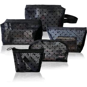 5 Pieces Zipper Mesh Cosmetic Bags Sets, Mesh Heart Makeup Bags Toiletry Bags, Portable Travel Makeup Bags for Women, Small Items Storage Organizer Bags for Travelling (Black)