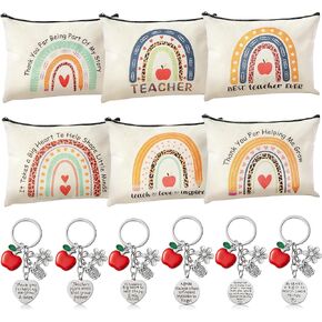 CY2SIDE 12PCS Teacher Appreciation Gifts Set 6 Teacher Survival Kit Boho Rainbow Makeup Pouch Cosmetic Bag with Zipper and 6 Random Teacher Key Chains/Key Ring Thank You Gifts for Teacher