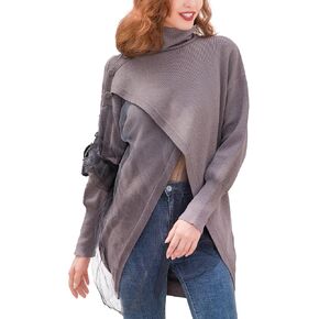 SDEER Women's Turtleneck Oversized Sweater Long Sleeve Pullover Long Sweaters Cross Split Front Hem Print Tulle Knit in Kuwait