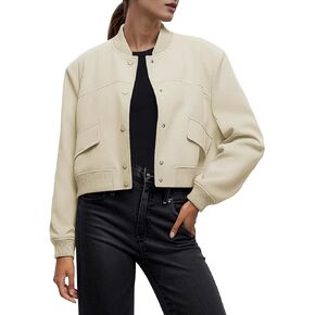 Tankaneo Womens Cropped Bomber Jackets Casual Button Down Long Sleeve Stand Collar Varsity Shacket Coats