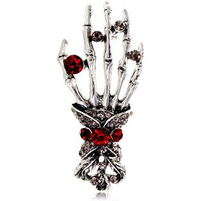 Vintage Skeleton Hand Lapel Brooch Pin for Women Men Girls Rhinestone Red Crystal Skull Halloween Pins Clip Sweater Dress Suit Backpack Brooches Pins Punk Festive Party Jewelry Gifts Clothes
