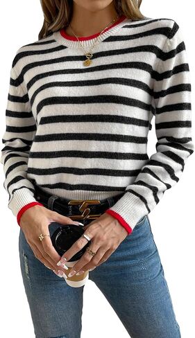 Floerns Women's Striped Print Long Sleeve Contrast Trim Casual Sweater Top in Saudi Arabia