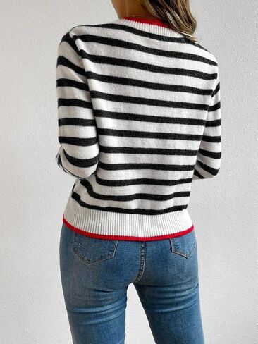 Floerns Women's Striped Print Long Sleeve Contrast Trim Casual Sweater Top in Saudi Arabia