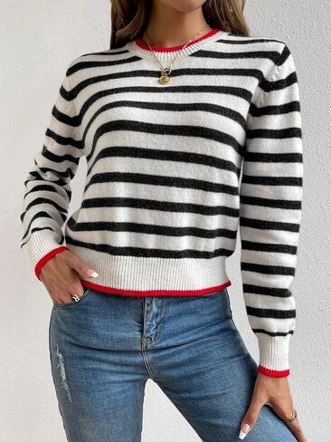 Floerns Women's Striped Print Long Sleeve Contrast Trim Casual Sweater Top in Saudi Arabia