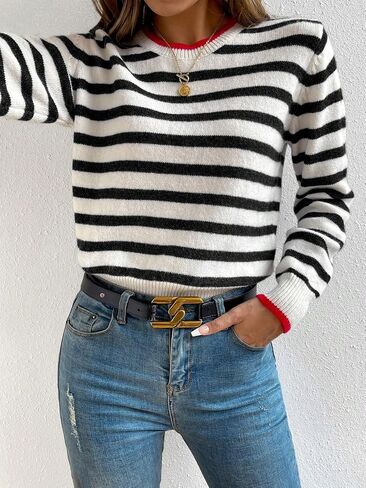 Floerns Women's Striped Print Long Sleeve Contrast Trim Casual Sweater Top in Saudi Arabia