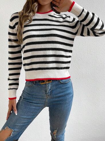 Floerns Women's Striped Print Long Sleeve Contrast Trim Casual Sweater Top in Saudi Arabia