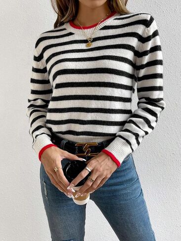 Floerns Women's Striped Print Long Sleeve Contrast Trim Casual Sweater Top in Saudi Arabia