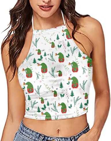 Women Printed Halter Cross Hollow Bandage Tank Camis Crop Top Vest in Saudi Arabia