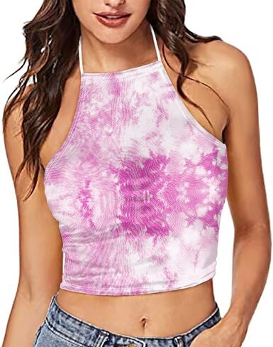 Women Printed Halter Cross Hollow Bandage Tank Camis Crop Top Vest in Saudi Arabia