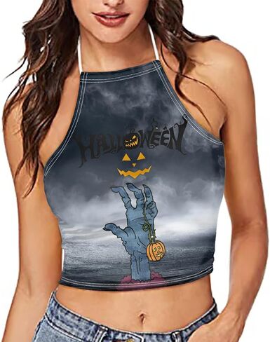 Women Printed Halter Cross Hollow Bandage Tank Camis Crop Top Vest in Saudi Arabia