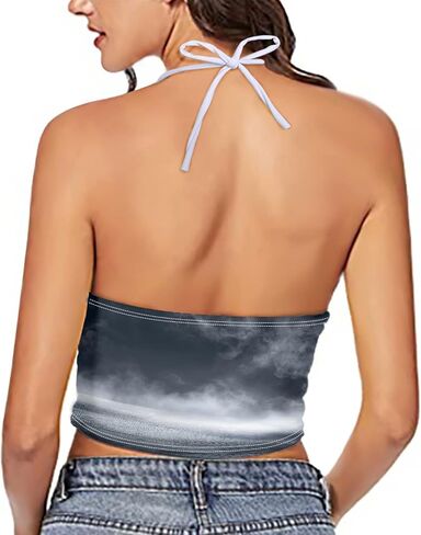 Women Printed Halter Cross Hollow Bandage Tank Camis Crop Top Vest in Saudi Arabia