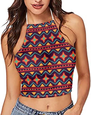 Women Printed Halter Cross Hollow Bandage Tank Camis Crop Top Vest in Saudi Arabia
