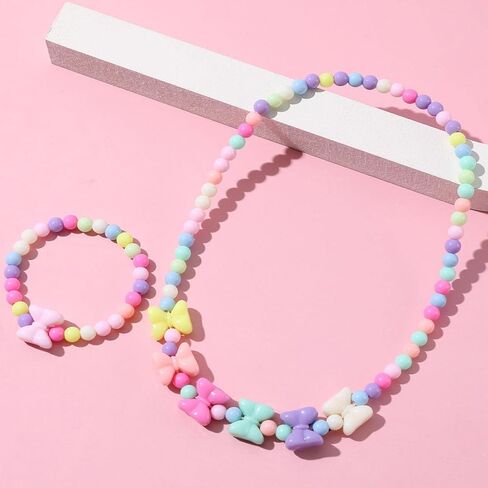 Caiyao Heart and Bowknot Stretch Necklace Little Girl Necklace Bracelet Set, Little Girls Jewelry Heart and Bowknot Necklace Bracelet for Girls in Saudi Arabia