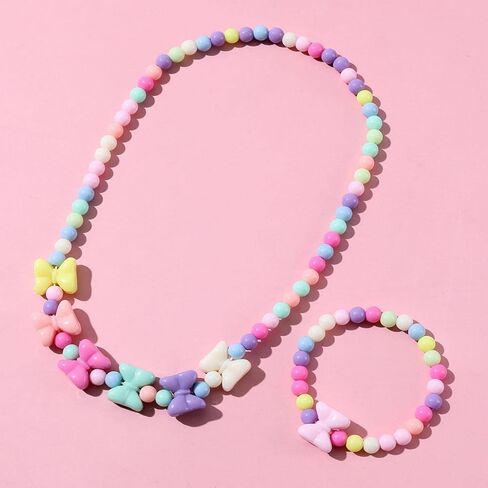 Caiyao Heart and Bowknot Stretch Necklace Little Girl Necklace Bracelet Set, Little Girls Jewelry Heart and Bowknot Necklace Bracelet for Girls in Saudi Arabia