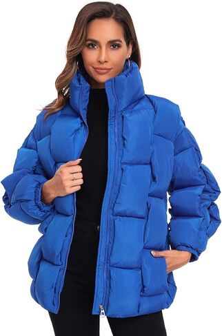 سترة Epsion النسائية الشتوية الكاجوال منتفخة مبطنة بأكمام طويلة وسحاب كامل وياقة واقفة وجيوب ومعاطف مبطنة ملابس خارجية in Kuwait