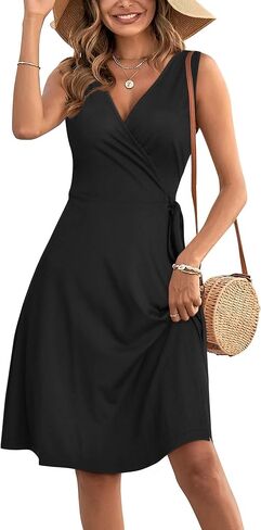 فستان HUHOT للسيدات برقبة على شكل حرف V مع حزام بدون أكمام كاجوال صيفي للشاطئ Aline Midi Skater Sun Dresses in Kuwait