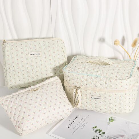 أودي_6 تي اكس دي 3 قطع حقيبة مكياج قطنية كبيرة للسفر حقيبة مكياج كوكيت حقيبة مكياج لطيفة مزينة بالزهور حقيبة أدوات الزينة للنساء والفتيات in Kuwait