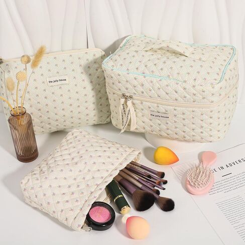 أودي_6 تي اكس دي 3 قطع حقيبة مكياج قطنية كبيرة للسفر حقيبة مكياج كوكيت حقيبة مكياج لطيفة مزينة بالزهور حقيبة أدوات الزينة للنساء والفتيات in Kuwait