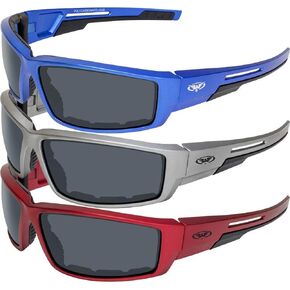 Global Vision 3 Pair Sly Motorcycle ATV Padded Riding Glasses Sunglasses with Smoke Lenses and Red, Blue and Grey Metallic Frames