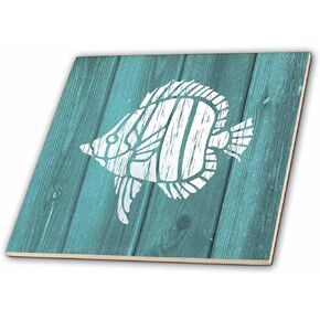 3dRose White Painted Tropical Fish on Teal Background-not Real Wood-Ceramic Tile, 4-inch (ct_220421_1), Multicolor