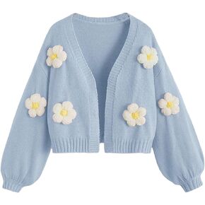 RoseSeek Girl's Appliques Long Sleeve Cardigan Open Front Drop Shoulder Sweater Cute Knit Outerwear
