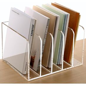 SANRUI Clear Acrylic Magazine File Holder Desk Organizer for Office Organization and Storage with 5 Vertical Compartments Bookshelf for Desk Home Office