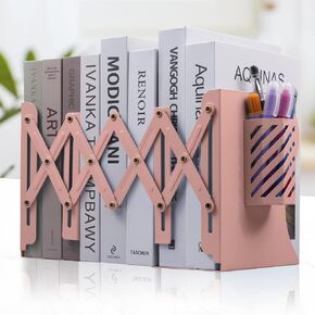 Adjustable Bookends Extra Long Telescopic Size Expandable Book end with Pen Holder, Metal Bookends Holder for Heavy Duty Books, Book Ends for Shelves & Office, Green