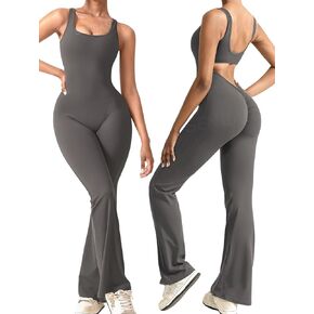 SENBAN Women Sleeveless Flare Jumpsuits Sexy Padded Backless Bodycon Rompers V Back Scrunch Butt Yoga Unitard Playsuit
