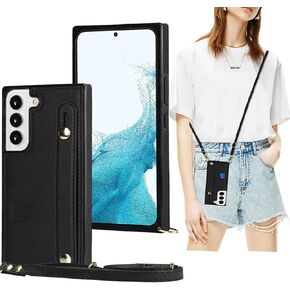 CCSmall Case for Samsung Galaxy S22+ Plus (Not S22) with Card Slot Holder, Removable Adjustable Shoulder Strap Lanyard Crossbody Neck Purse Phone Case for Samsung Galaxy S22 Plus KB Black