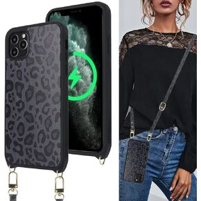 Cavor for iPhone 8 Plus Case,iPhone 7 Plus Magsafe Case,Phone Cases for iPhone 8 Plus Crossbody Case with Strap,iPhone 8 Plus Case Cute,Leopard Grain Full Body Shockproof Protective Case,Black