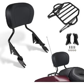 AUFER Black Detachable Upright Passenger Sissy Bar Backrest with Pad and 2-Up Luggage Rack and 4 Point Docking Hardware Kits Compatible with for Touring Street Road Electra Glide Road King 2014-2024