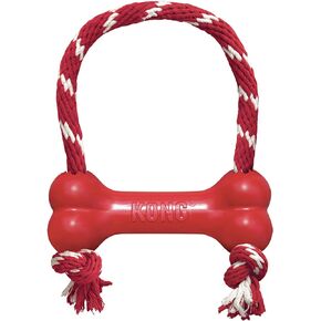 KONG Goodie Bone with Rope - Classic Durable Natural Rubber Dog Bone, Supports Mental Engagement - Treat Dispensing - Red - for Medium Dogs