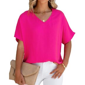 Allimy Women Summer Casual V Neck Textured Blouses Loose Short Sleeve Tops in Kuwait