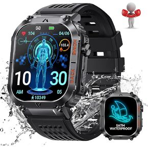 Military Smart Watch for Men with Call 5ATM Waterproof Rugged Tactical Smartwatch 2.02" HD Large Screen Smartwatch with Compass Fitness Watch with Heart Rate Blood Pressure Monitor for Android iOS