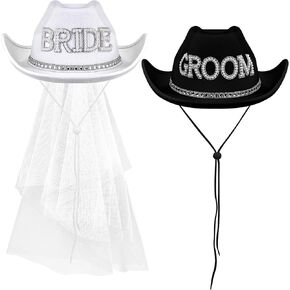 Geyoga 2 Pcs White Bride Cowboy Hat with Veil Black Groom Cowboy Hats Bachelorette Party Supplies for Women Men Wedding Bridal Shower Decorations Gifts in Kuwait