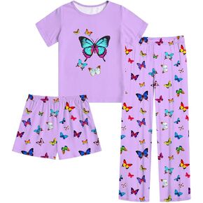 Funnycokid Girls Pajamas Set 3 Piece Sleepwear Short Sleeve Shirt Top Pants Shorts 7-14 Years
