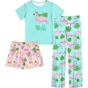 Funnycokid Girls Pajamas Set 3 Piece Sleepwear Short Sleeve Shirt Top Pants Shorts 7-14 Years in Kuwait