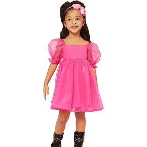 WDIRARA Toddler Girl's Mesh Tulle Dress Square Neck Puff Short Sleeve Ruffle Hem Birthday Party Cute A Line Midi Dress
