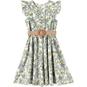 PATPAT Little Big Girls Dress Vintage Boho Floral Ruffle Short Sleeve Casual Swing Dress with Braided Belt