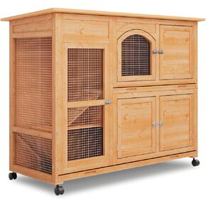 MoNiBloom Rabbit Hutch Outdoor Chicken Coop, 47.5" Bunny House Cage on Wheels with 2 Pull-Out Trays Waterproof Roof, Gray